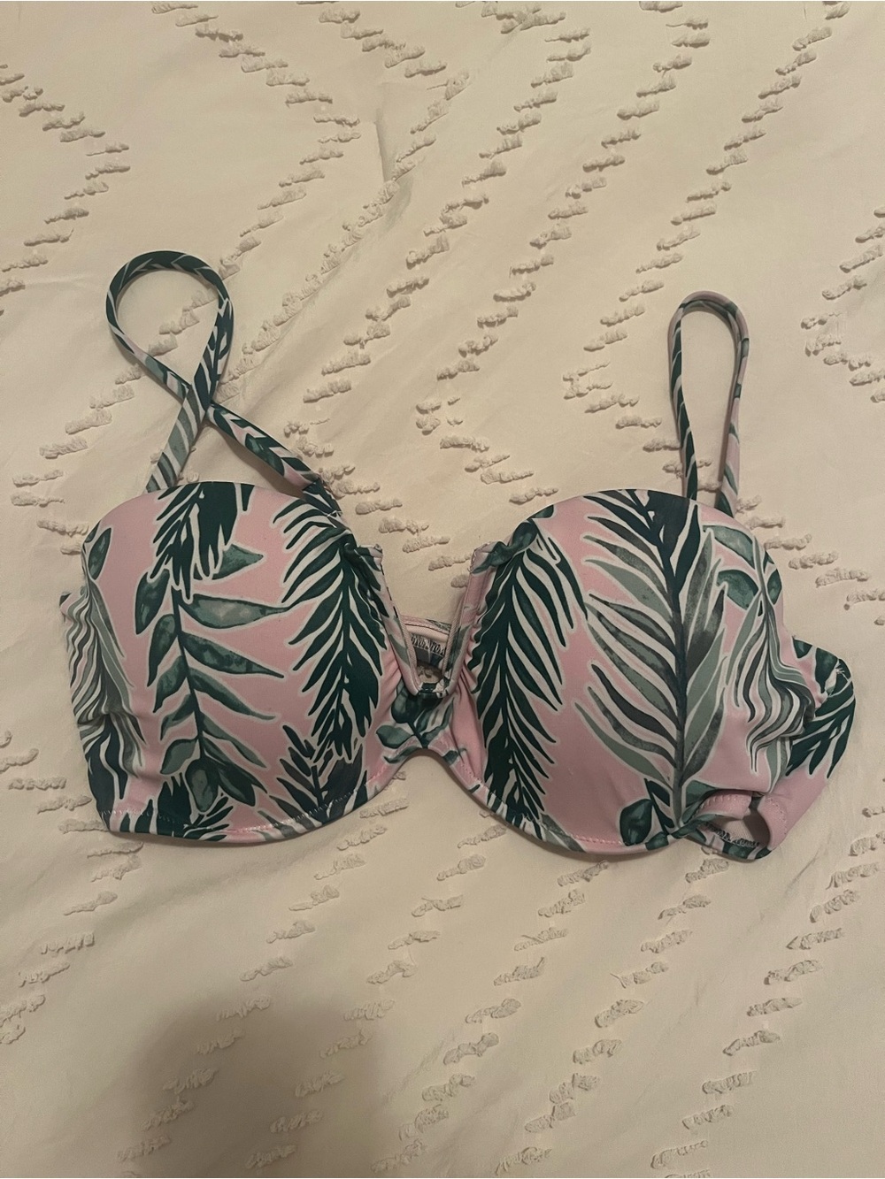 Shade & Shore Pink Bikini Top with Green Palm Leaf Print 34B